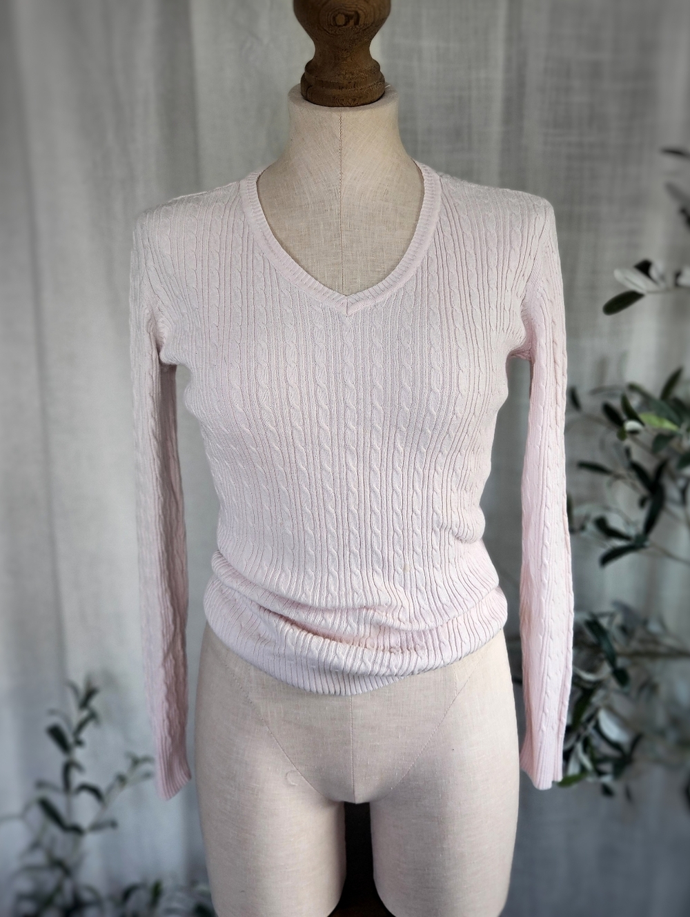 90s Light Pastel Pink Cotton Small Cable Knit V-neck Sweater